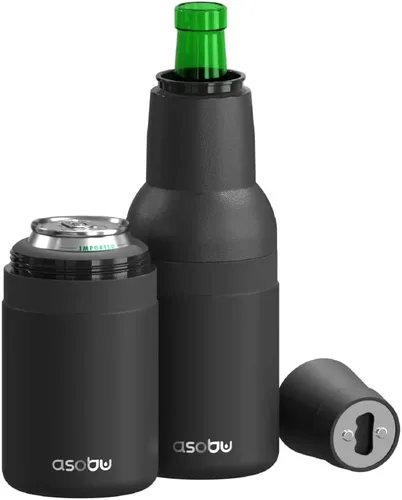 Asobu Frosty Beer Holder, enfriador de latas y botellas de cerveza de acero inoxidable de doble pared con aislamiento al vacío y destapador de