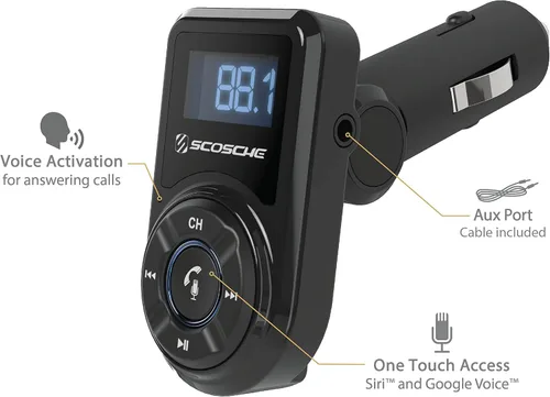 Vista 2 de Scosche BTFM3 BTFREQ Kit universal de manos libres Bluetooth para coche con transmisor FM digital y cargador de coche USB de 10 W, color negro XL