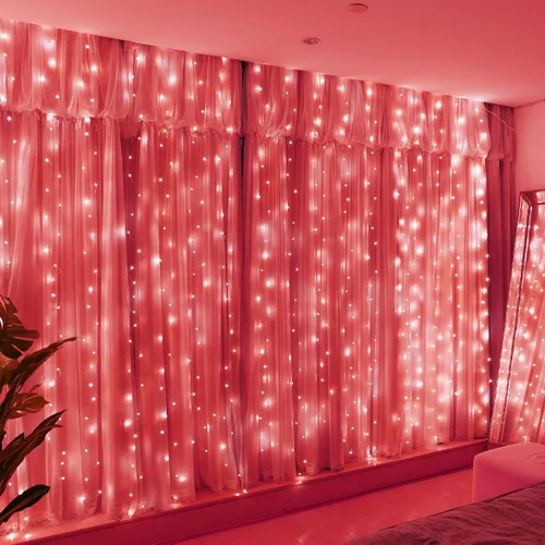 Vista 9 de HXWEIYE 300 luces LED de cortina de hadas, 9.8 x 9.8 pies, enchufe USB, 8 modos de luces colgantes de Navidad con control remoto para dormitorio