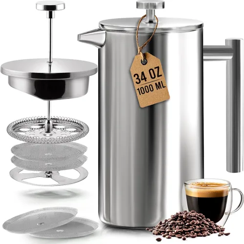 Vista 12 de Utopia Kitchen Cafetera de prensa francesa de acero inoxidable de grado 304, 12 onzas, prensa de café aislada de doble pared con sistema