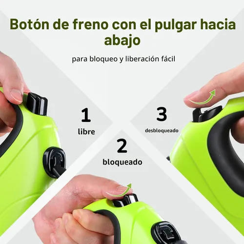 Vista 6 de Pecute Correa retráctil para perro de 32 pies con tiras reflectantes, sin enredos de 360°, control de un botón y material de nailon resistente