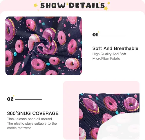 Vista 5 de Fitted Crib Sheets Pink Donuts Planets Space Mini Crib Sheets for Boy & Girl Toddler Mattress Sheets Playard Sheet 21216704