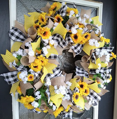 Black & Yellow Farmhouse Sunflower Wreath, Decor, Fall, Spring, Summer, Front Door, Burlap Wedding Farmhouse Decor, French Country Decor