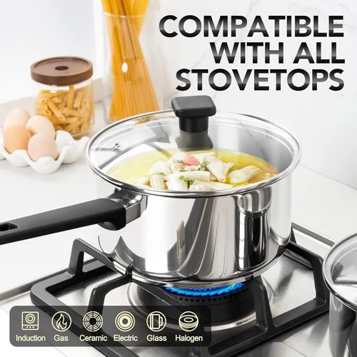 Vista 6 de MICHELANGELO Sartén de acero inoxidable con tapa de 1 cuarto de galón, 2 cuartos y 3 cuartos de galón, cacerolas de acero inoxidable de tres capas