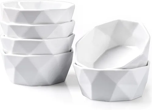 DELLING Juego de 6 moldes de porcelana de 4 onzas, aptos para horno, platos geométricos de soufflé para hornear postres y helados, cuencos pequeños