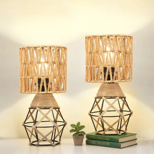 Vista 14 de Hamilyeah lámparas de mesa trenzadas juego de 2, lámparas de granja para mesita de noche con interruptor de encendido/apagado, lámparas de noche