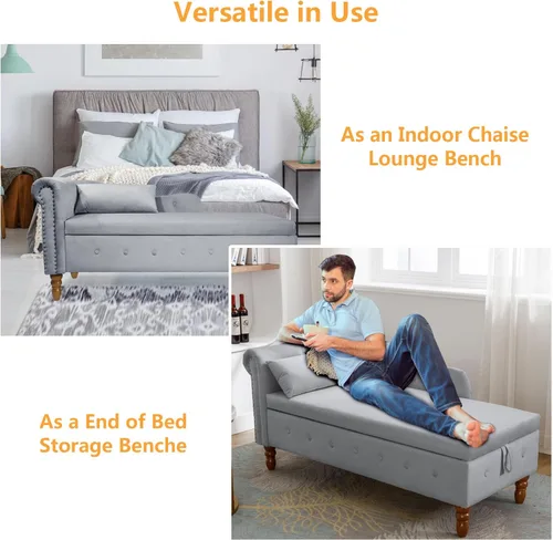 Vista 5 de Aoowow Banco de almacenamiento de terciopelo para dormitorio, extremo de la cama, sofá con brazo enrollado, tumbona para interiores con Gris