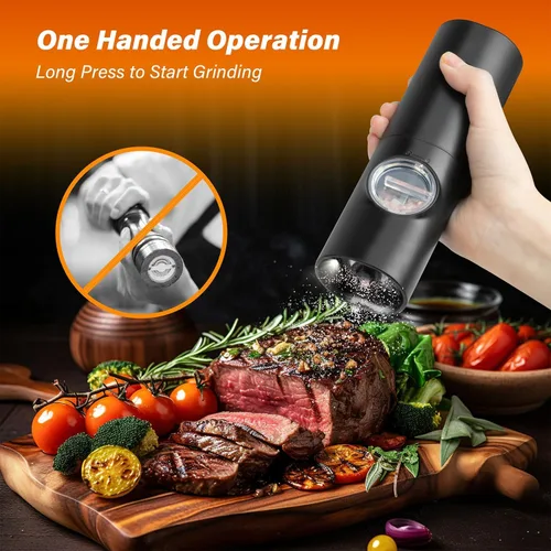 Vista 2 de Juego de molinillo eléctrico de sal y pimienta de 2 piezas - Molinillo automático de sal y pimienta, grosor ajustable, luz LED, operación con una