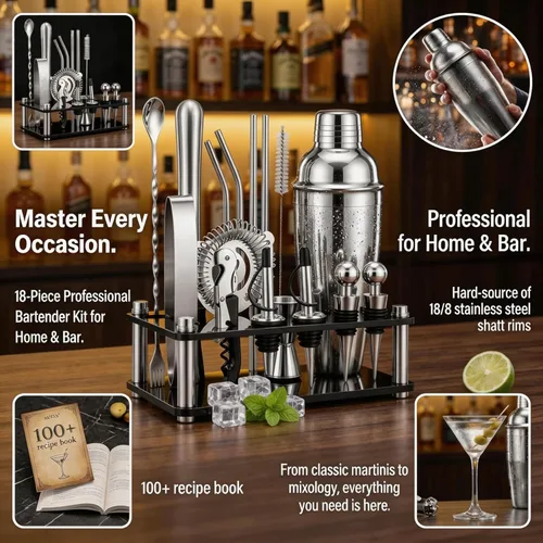 Vista 5 de Juego de coctelera, kit de camarero de 18 piezas con soporte acrílico, juego de barra de acero inoxidable 18/8 con coctelera de Martini, jigger