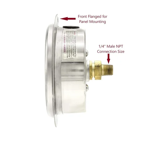 Vista 2 de PIC Gauges 204L-404M Medidor de presión relleno de glicerina con brida frontal con carcasa SS/bisel, internos de latón, lente de PC, esfera de 4