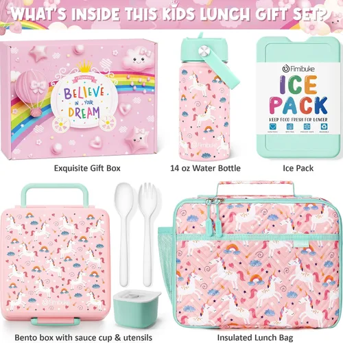 Vista 2 de Fimibuke Lonchera Bento para Niños con 4 Compartimentos, Bolsa de Almuerzo Aislada, Botella de Agua Aislada de Acero Inoxidable, Paquete de Hielo