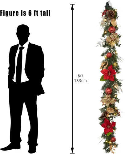 Vista 2 de Adeeing Guirnalda de Navidad de 6 pies con luces, guirnalda artificial preiluminada de Navidad con conos de pino y flor de pascua, guirnalda