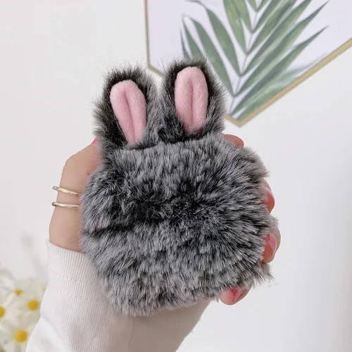 Guppy Compatible con AirPods Pro Furry Bunny Case Girls 3D Cartoon Cute Rabbit Ears Plush Fluffy Warm Funda de transporte suave funda protectora Gris