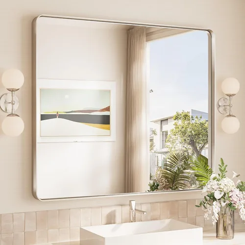 Vista 21 de TokeShimi Espejo de pared de baño de níquel cepillado de 20 x 30 pulgadas, marco de metal, esquina redonda, rectangular, para decoración del hogar