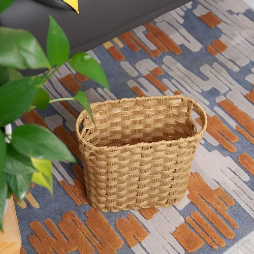 Vista 4 de Cesta de basura de mimbre con asas integradas, mini cesta multifuncional para el hogar y la oficina, diseño compacto y construcción duradera
