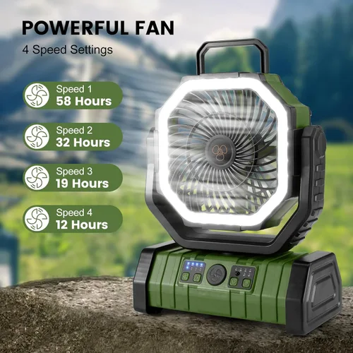 Vista 4 de Odoland Ventilador de camping de 30000 mAh con linterna LED, recargable, funciona con batería, oscilante con control remoto y gancho, ventilador