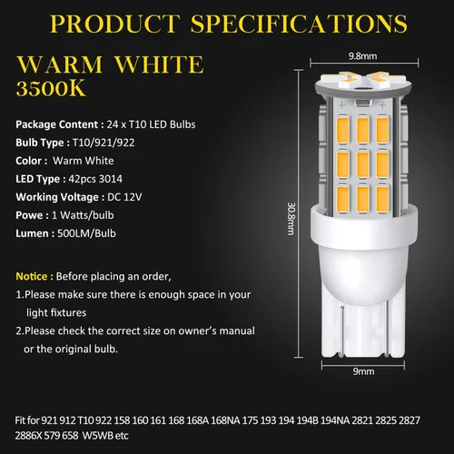Vista 2 de Bombillas LED T10 921 194 168, superbrillantes, 3014 42-SMD, repuesto LED de 12 voltios, cámper, remolque, barco, cajuela, cúpula, mapa, luces