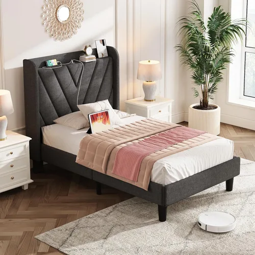 Vista 71 de koorlian Base de cama Queen con cabecero, base de cama tapizada ajustable con puertos tipo C y USB, cabecera de almacenamiento con respaldo de ala