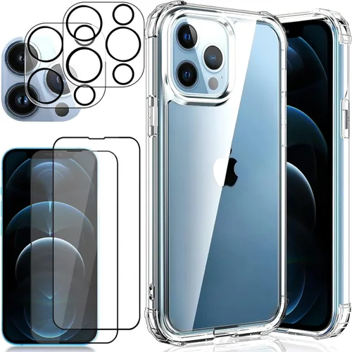 5 in 1 Clear Case for iPhone 12 Pro Max 6.7", with 2 HD Screen Protector + 2 Camera Lens Protector, 9H Hardness Tempered Glass Protection Film,