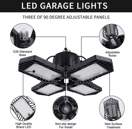 Vista 2 de Paquete de 2 luces LED para garaje, 100 W, iluminación LED deformable de 10000 lm, E26, luz diurna, 6000 K, luces ajustables súper brillantes