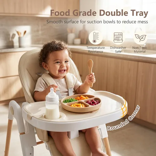 Vista 4 de Kinder King Silla alta convertible para bebés y niños pequeños, silla alta ajustable con doble bandeja extraíble, plegado compacto simple