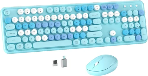 Vista 13 de MPTOG Combo de teclado y mouse inalámbrico de computadora colorido con teclas redondas estilo máquina de escribir, diseño retro, interruptor