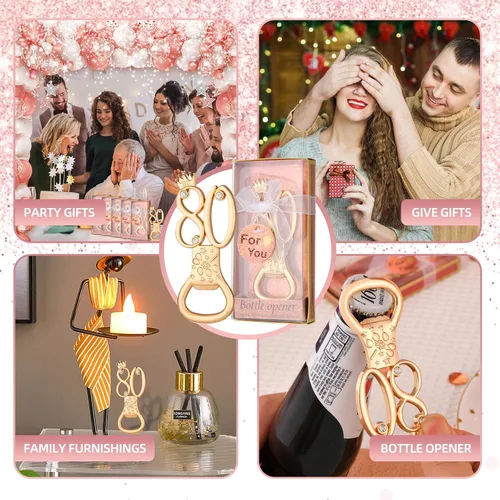 Vista 6 de 24 cajas de abrebotellas con temática de oro rosa para cumpleaños número 80, regalos de fiesta de boda, recuerdos de fiesta de cumpleaños
