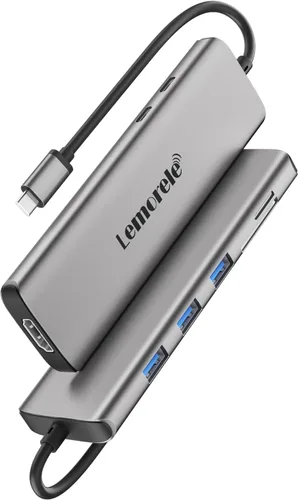 Vista 2 de Lemorele Adaptador multipuerto USB C 8 en 1, concentrador USB-C con salida HDMI 4K, entrega de energía de 100 W, puerto USB 3.0 de 5 Gbps, lector