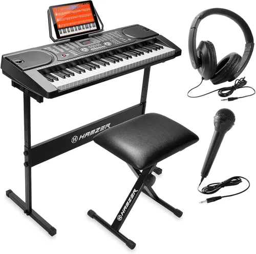 Teclado de piano electrónico de la marca Hamzer, modelo 61-Key, portátil, con atril, taburete, auriculares y micrófono