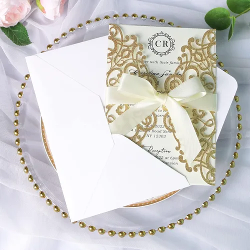 Vista 8 de Ponatia - 25 tarjetas de invitación cortadas con láser de 5.12 x 7.1 pulgadas con sobres para bodas, fiestas de compromiso, cumpleaños, Dorado