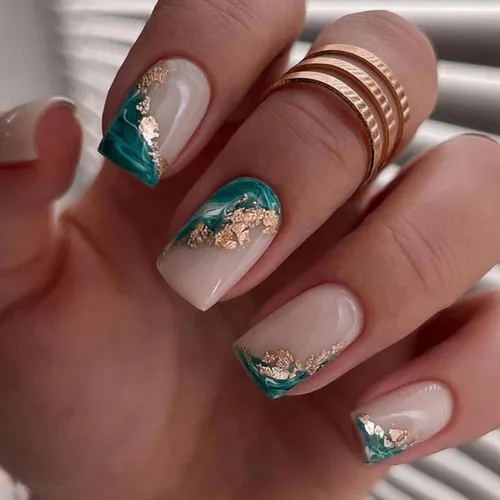 Uñas postizas cuadradas medianas a presión, diseño de mármol verde con lámina dorada, uñas postizas acrílicas, uñas artificiales con pegamento
