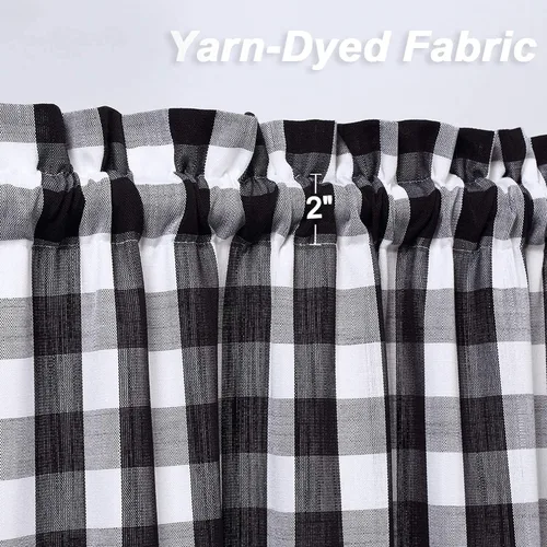 Vista 2 de Cenefas de Café a Cuadros de Búfalo Blanco y Negro para Cocina, Cortinas de Cenefa Estilo Granja Gruesas con Bolsillo para Varilla Gingham