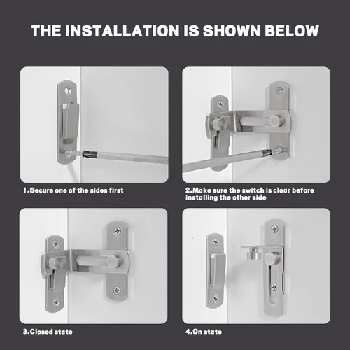 Vista 7 de 2 cerraduras de puerta de granero de acero inoxidable de 90 grados, cierre deslizante con hebilla de ángulo recto, cierres de puerta cepillada