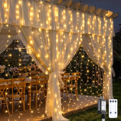 Vista 14 de JMEXSUSS - Cadena de luces de Navidad rojas y blancas de 300 LED con control remoto, luces de cortina de Navidad de 9.8x9.8 pies, enchufe, 8 modos
