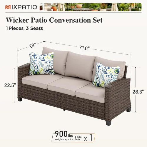Vista 2 de MIXPATIO Sofá de mimbre para patio de 3 asientos, asientos profundos, con Beige