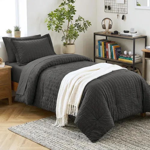 Vista 48 de CozyLux - Juego de edredón doble con sábanas de 5 piezas, color blanco con textura de sirsaca en una bolsa para niñas, juego de ropa de cama de lujo