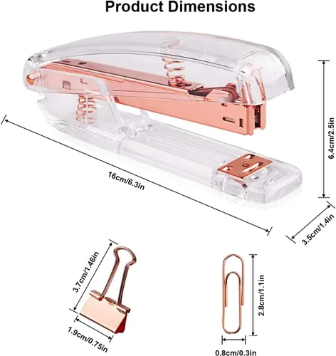 Vista 2 de Engrapadora de escritorio acrílica con 1000 grapas de 26/6, 6 clips de carpeta y 50 clips de papel, kit de accesorios de escritorio para el hogar