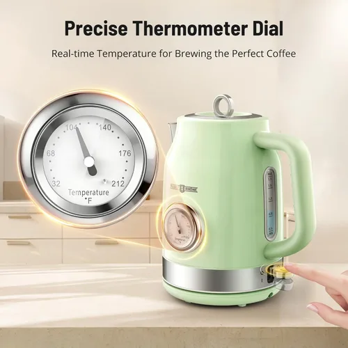 Vista 2 de Tetera eléctrica retro, hervidor de té caliente PARIS RHÔNE de 1.7 litros con termómetro, calentamiento rápido de 1500 W, diseño inalámbrico