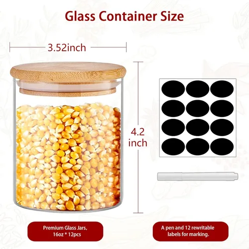Vista 2 de SLifeJars - Tarros de vidrio con tapas de bambú de 16 onzas, 12 tarros de vidrio para almacenamiento de alimentos con etiquetas regrabables, tarro