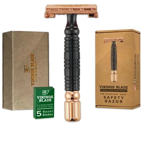 Vista 9 de VIKINGS BLADE Maquinilla de afeitar de seguridad de doble filo + 5 cuchillas de acero suecas + estuche de lujo. Suave, reutilizable, reciclable