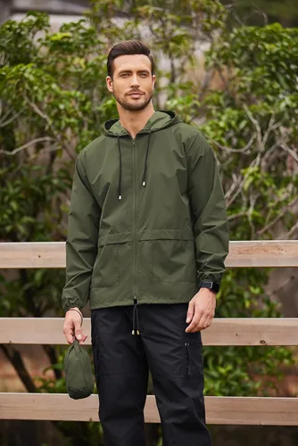 Vista 2 de COOFANDY Chaqueta impermeable plegable para hombre, impermeable, con capucha, ligera, clásica, para ciclismo