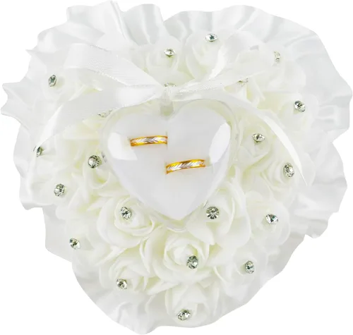 Framendino, Forma de corazón blanco anillo de boda almohada elegante decoración cojín portador caja con lazo de cinta