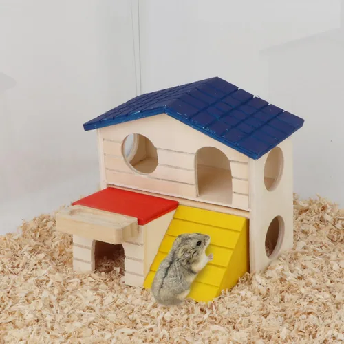Vista 6 de Cabaña de escondite para hámsteres pequeños Animales de dos capas Casa de madera para ratones Gerbo Rata enana Jaula de hámster Juguete de ejercicio