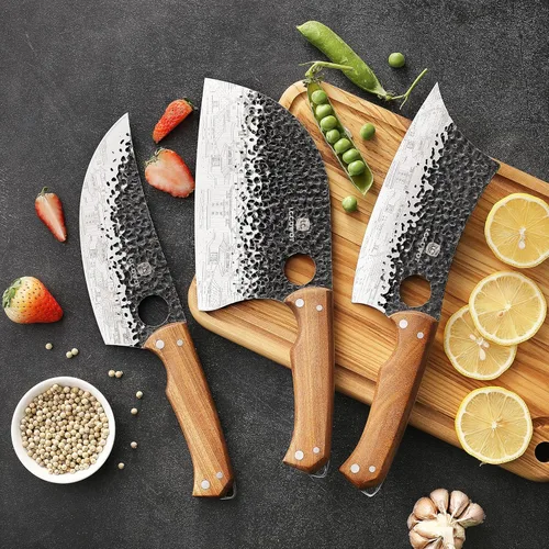 Vista 7 de Set de 3 cuchillos de carnicero, incluye cuchillo de carnicero de 17,8 cm, cuchillo de chef serbio de 17,8 cm y cuchillo vikingo de 16,5 cm, juego