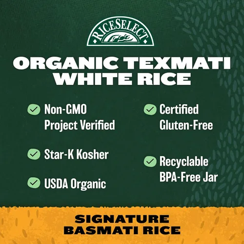 Vista 5 de RiceSelect arroz orgánico texmati basmati blanco, arroz premium sin OMG sin gluten de grano largo blanco, frasco de 32 onzas