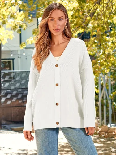 Vista 2 de LILLUSORY Cárdigan de gran tamaño para mujer, ropa de otoño, de tela, cuello en V, con botones frontales, informal, de moda