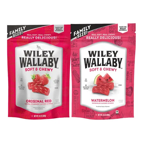 Vista 6 de Wiley Wallaby Regaliz de 10 Onzas Rojo Clásico, Sandía y Bayas Explosivas Estilo Australiano Gourmet Suave y Masticable Paquete Variado de Dulces