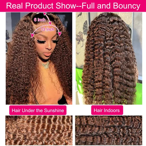 Vista 3 de Pelucas de cabello humano ondulado profundo con encaje frontal 13x6, color marrón chocolate, peluca de cabello humano rizado profundo para mujer