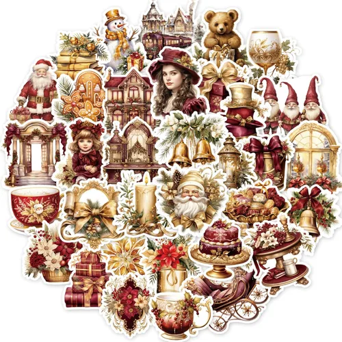 Vista 8 de 100 Piezas Calcomanías de Navidad Sin Repetición Retro Papá Noel Calcomanías Decoración Navideña, Calcomanía Impermeable de Vacaciones para Álbum