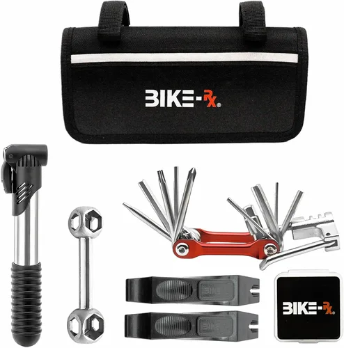 Vista 11 de Kit de reparación de bicicleta portátil - Juego de herramientas de bicicleta con multiherramienta, mini bomba de 120 PSI, palancas de neumáticos